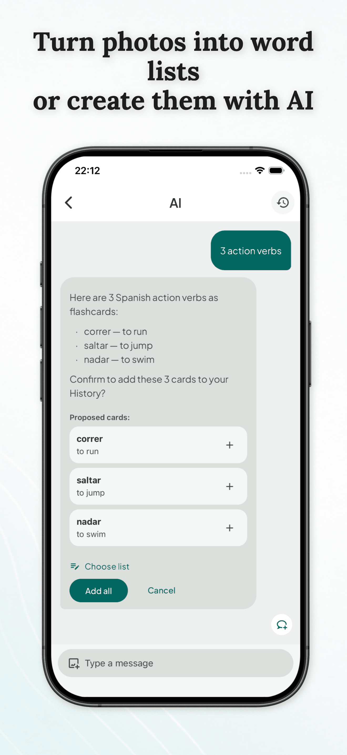 5Learn AI chat proposing Spanish action verb flashcards
